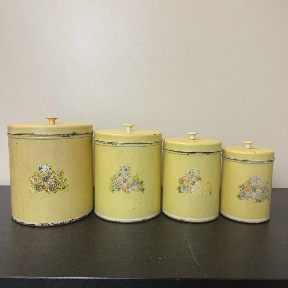 Vintage Yellow Metal Kitchen Canister Set Cottagecore Shaby Country 4 Piece Shan